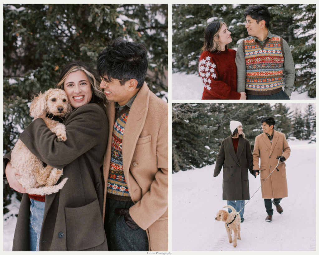 Calgary's best wedding videographer Oscar Lima with wife and pet Tali in winter forest